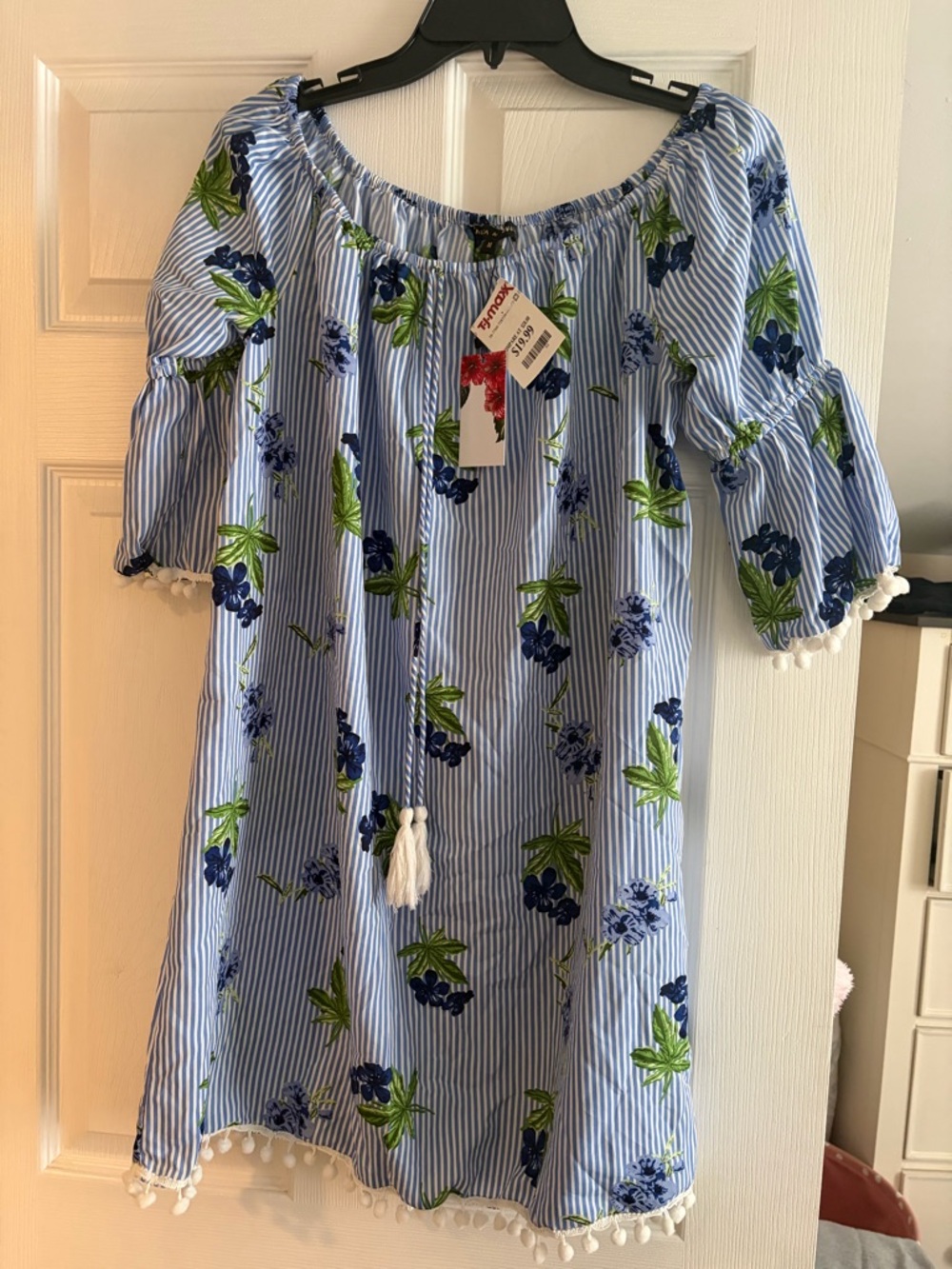 Off-Shoulder Blue Striped Floral Dress by (unbranded)